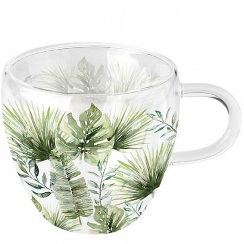 Tasse en verre double paroi jungle leaves white -ambiente