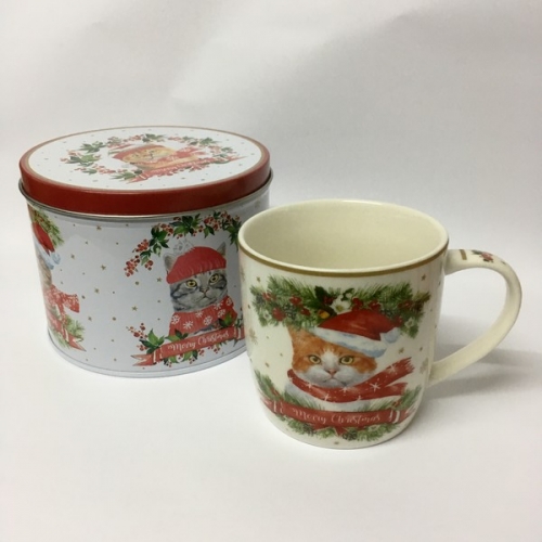 Mug christmas cat roux et blanc avec boite métal - easy life