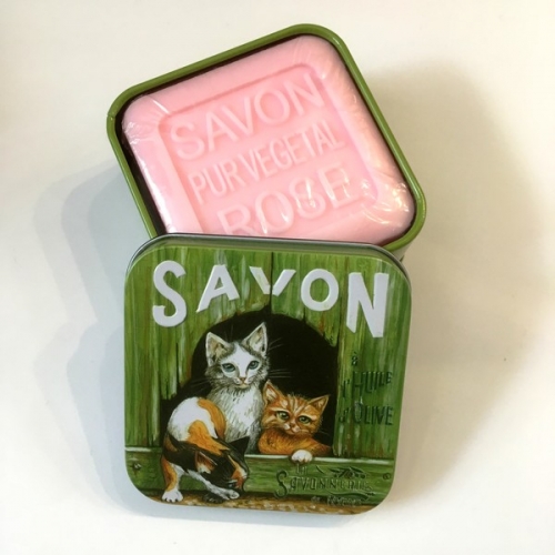 Boite à savon chat blanc -roux en métal savonnerie de Nyons