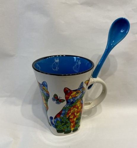 Mug chats mosaic bleu avec cuillère