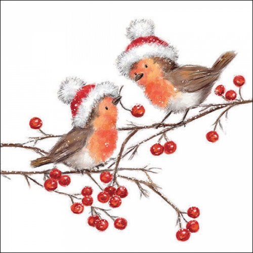 Serviettes en papier christmas robins white - Ambiente