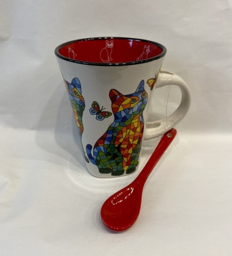Mug chats mosaique rouge avec cuillère