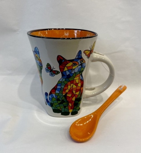 Mug chats mosaique orange avec cuillère
